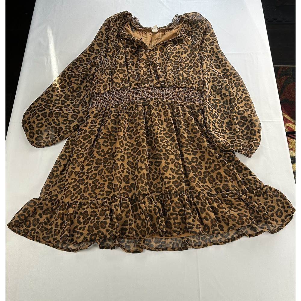 Old Navy Leopard Print Peasant Dress Women's L Smocked Empire Boho Midi - Picture 2 of 9